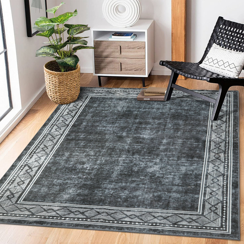 Washable Area Rug Modern Rug Non Slip Rug Geometric Bordered Rug for Living Room Bedroom Study Room Playroom Nursery, Gray