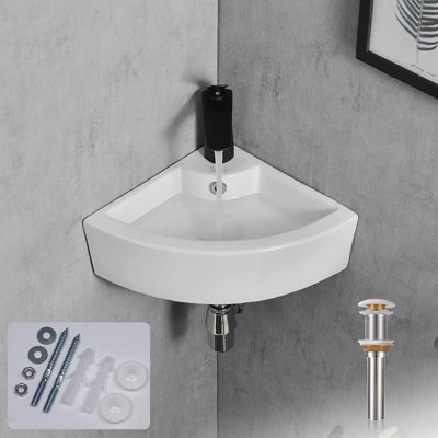 Davivy 18" x 13" Corner Bathroom Sink with Pop Up Drain and Installation Kit