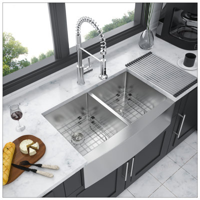 Double Bowl Farmhouse Sink with 16 Gauge Stainless Steel, 33x21x10 Inch, Two 10 Inch Deep Basins for Modern Kitchens