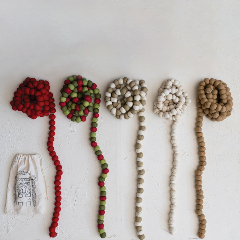 Handmade Wool Felt Ball Garland In Printed Drawstring Bag, Brown