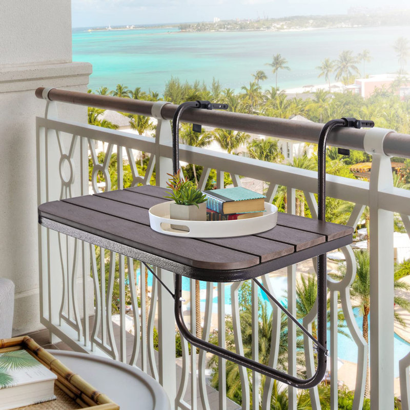 Balcony Railing Table Outdoor Hanging Folding Balcony Bar Table For Railings Patio Table On Railing Aluminium Metal Side Table Adjustable 23.6"(L) X 15.7"(W) Brown