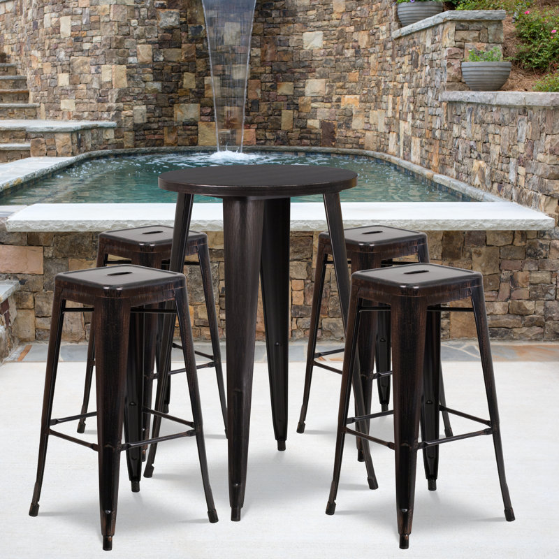 Colbert 30'' Round Metal Indoor-Outdoor Bar Table Set with 4 Square Seat Backless Stools, Black / Antique Gold