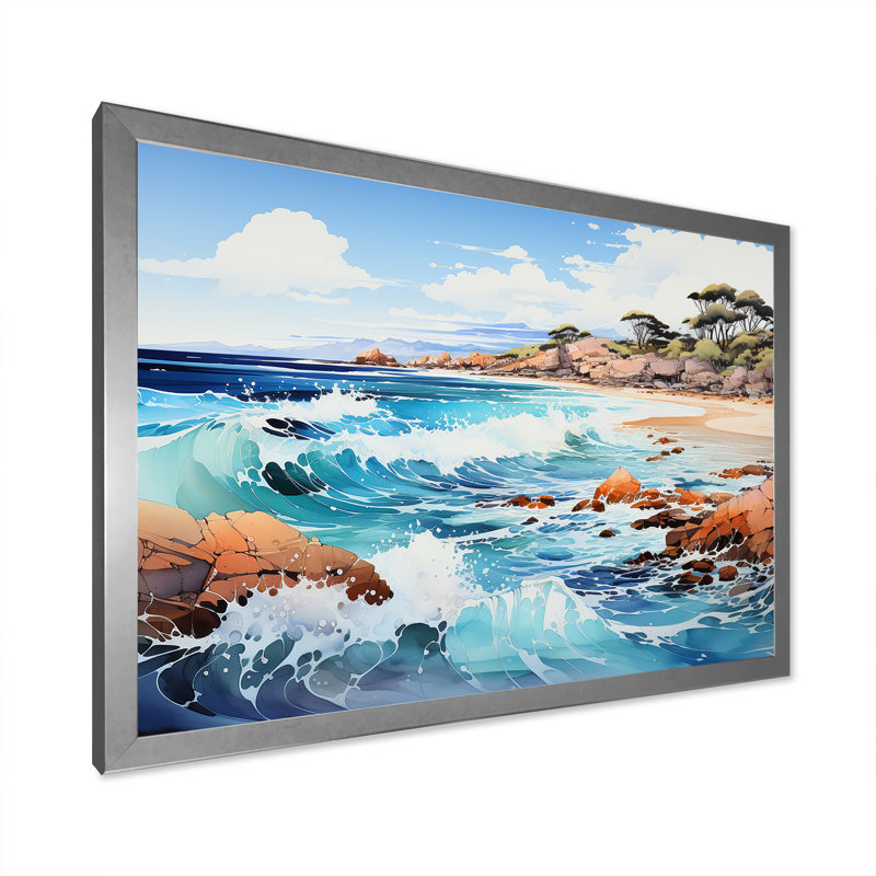 «Blue Beach Waves Fusion IV» - Art mural sur toile nautique et plage, Cadre photo argenté, H 12 po x l 20 po x P 1 po