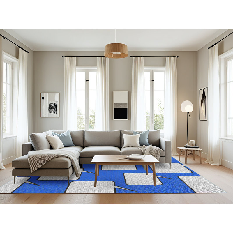 Tapis bleu/blanc à motifs, Rectangle 8 pi x 12 pi