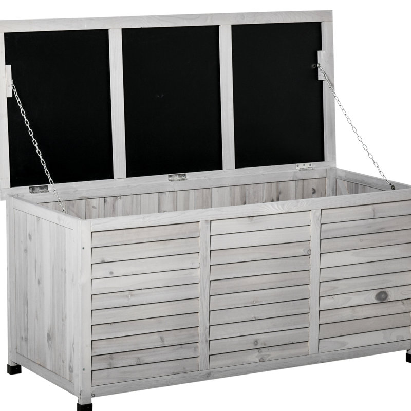 Coffre de jardin en bois gris 75 gallons - Contenant de rangement avec espace de ventilation et ouverture extérieure pour une durabilité accrue