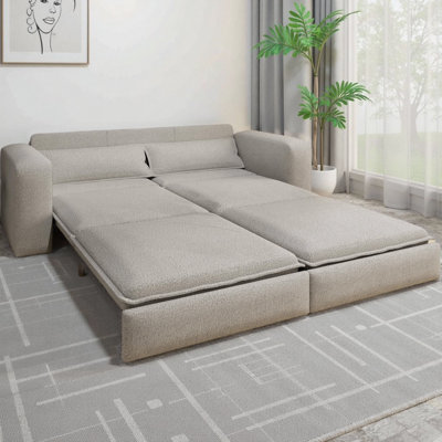 King Size Convertible Sleeper Sofa Bed, Pull Out Sofa with Chaise Lounge and 2 Lumbar Pillows, Teddy Fabric