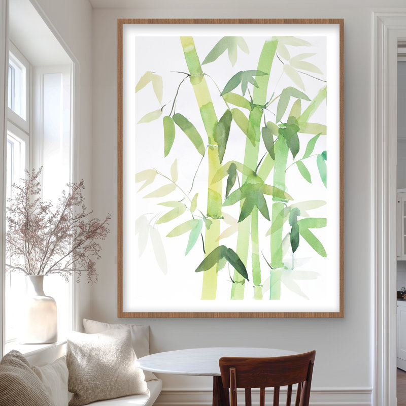 Aquarelle de bambou avec feuilles - imprimé encadré vert mat