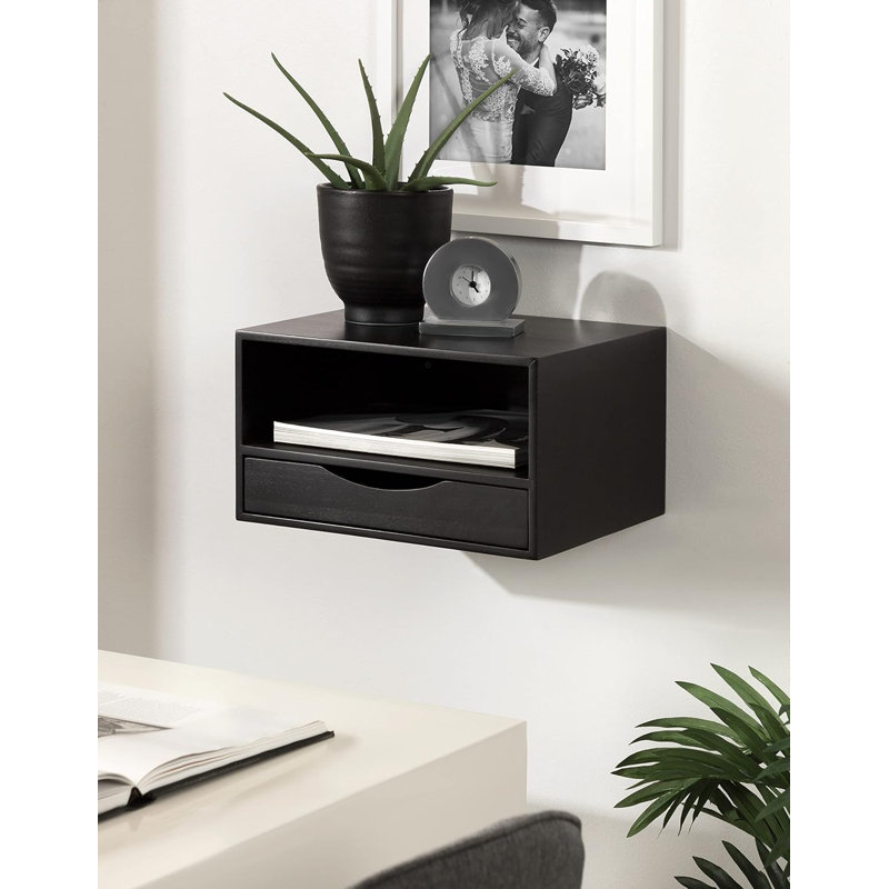 Modern Floating Shelf With Pull-Out Drawer And Storage Cubby, Minimalist Wall-Mounted End Table For Display And Organization, Durable Poplar Wood Construction