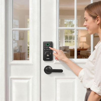 Keyless Entry Door Lock with Handle Set, Electronic Keypad Deadbolt with Lever Handles, Pioneering Easy-Grip Design, Customizable User Codes, Keyed Entry, Auto Lock, Anti-Peeking, Matte Black
