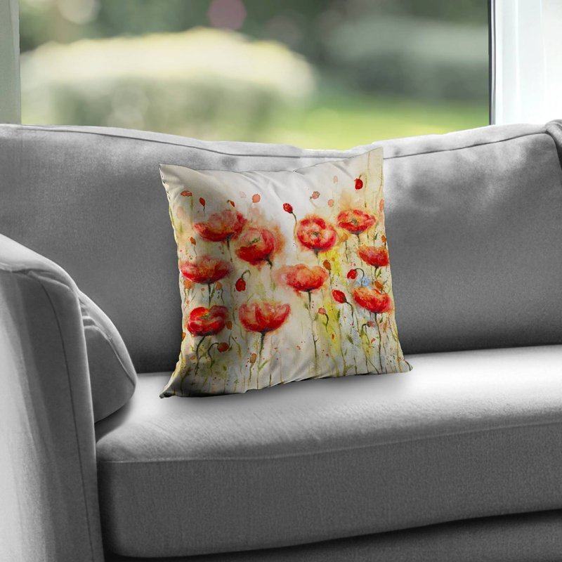 Red Flowers Garden Throw Pillow - Romantic Botanical – Poly Twill Throw Pillow with Insert, Double-Sided Print