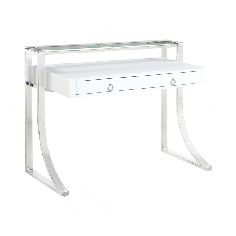 Bureau d'écriture à 2 tiroirs, blanc brillant et chrome