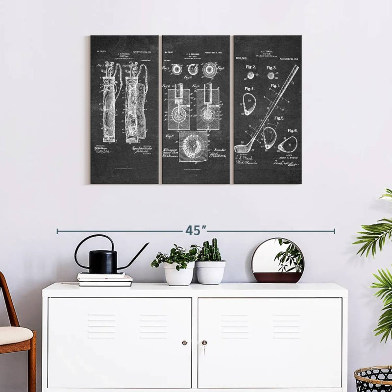 Ensemble de 3 pièces de brevet de golf sur toile, H 24 po x l 38 po x P 1,25 po
