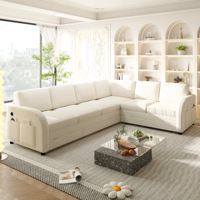 115.2" L-Shaped Sofa Couch with Pull-Out Bed,Oversize Convertible Sleeper Sofa with side Pocket & USB Port,Sherpa Fleece Upholstered with Convert Left/Right Facing