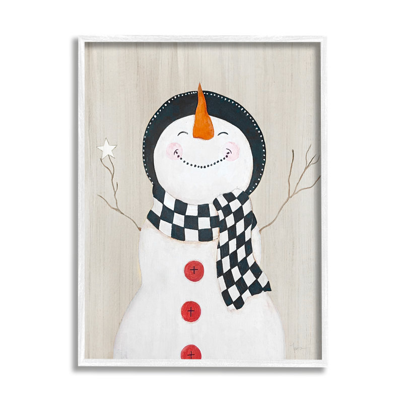 «Happy Smile Winter Snowman» encadré sur bois par Janet Tava, peinture, H 20 po x l 16 po