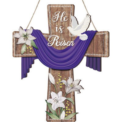 Easter Door Sign He Is Risen Hanging Decor Religious Cross Sign Easter Wreaths For Front Door Outside Christian Flowers Door Hanger For Farmhouse Front Door Porch Wall Decor