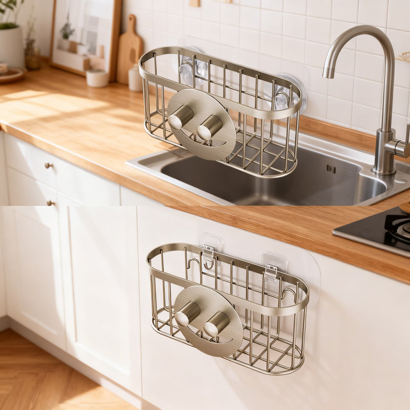 Porte-éponge Smiley Face avec ventouses amovibles et bandes adhésives, organisateur de chariot de cuisine en acier inoxydable pour brosse à savon éponge, résistant à la rouille avec drainage efficace