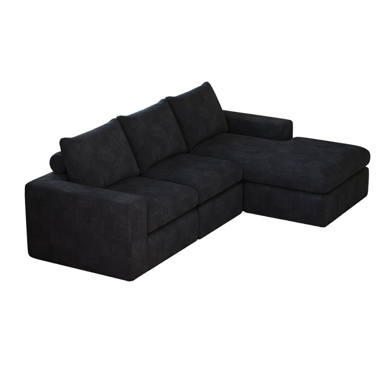 Canapé modulaire en L Boneless en forme de L avec méridienne et trois coussins Boneless, Velours côtelé noir