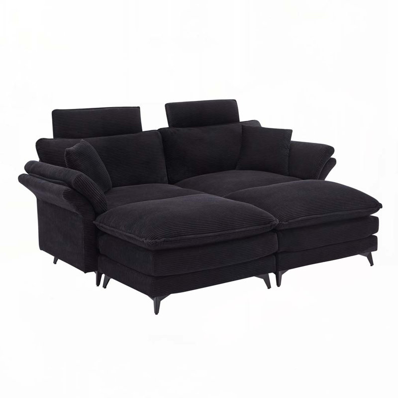 Corduroy Deep Seat Sectional Sofa, Comfortable Cloud Sofa with Ottomans, Black