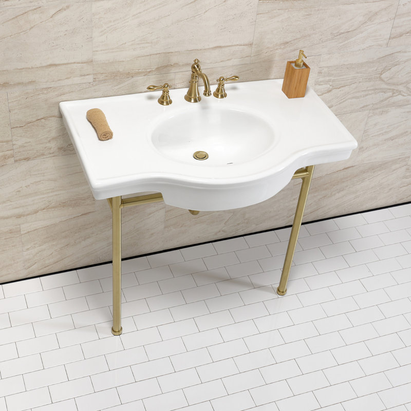 Lavabo de salle de bain console en céramique avec trop-plein, Blanc / laiton brossé