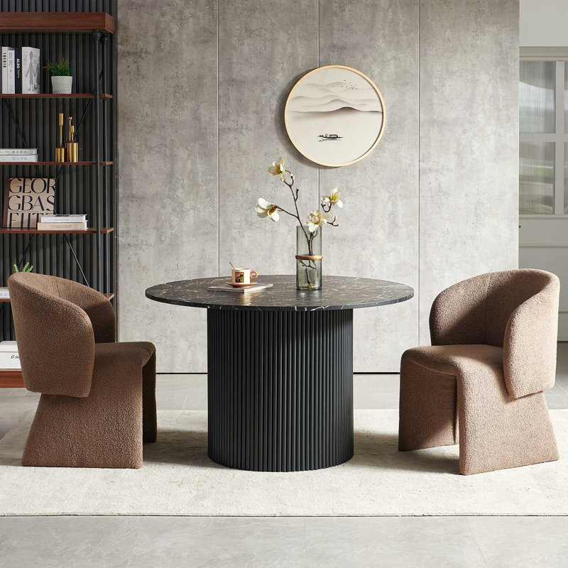 3-Piece Dining Table Set, Wood Top, Faux Fur Armchairs, Black Marble, Brown, Black