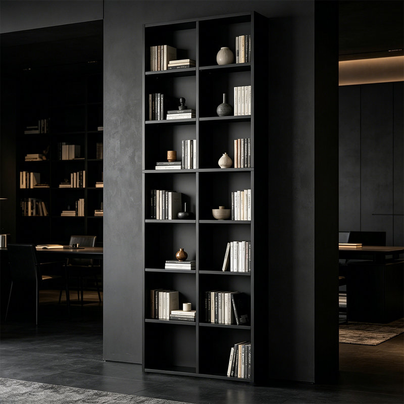 Bibliothèque 7 étages avec 14 cubes, bibliothèque double étroite avec 6 tablettes réglables, peu encombrante, Noir