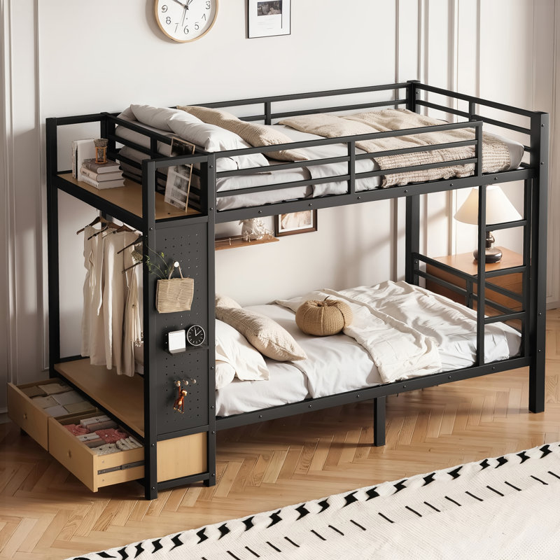 Lit superposé simple TG au-dessus de simple TG pour ados avec tablettes de rangement, tiroirs et panneau perforé, noir