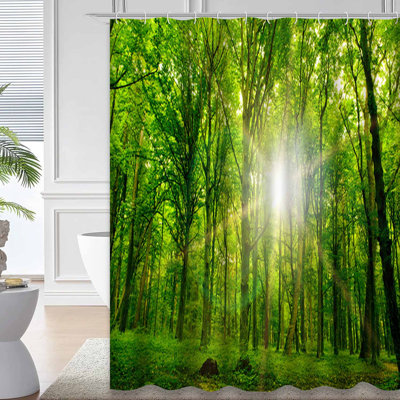 Forest Trees Nature Wood Sunlight Green Shower Curtain with 12 Hooks