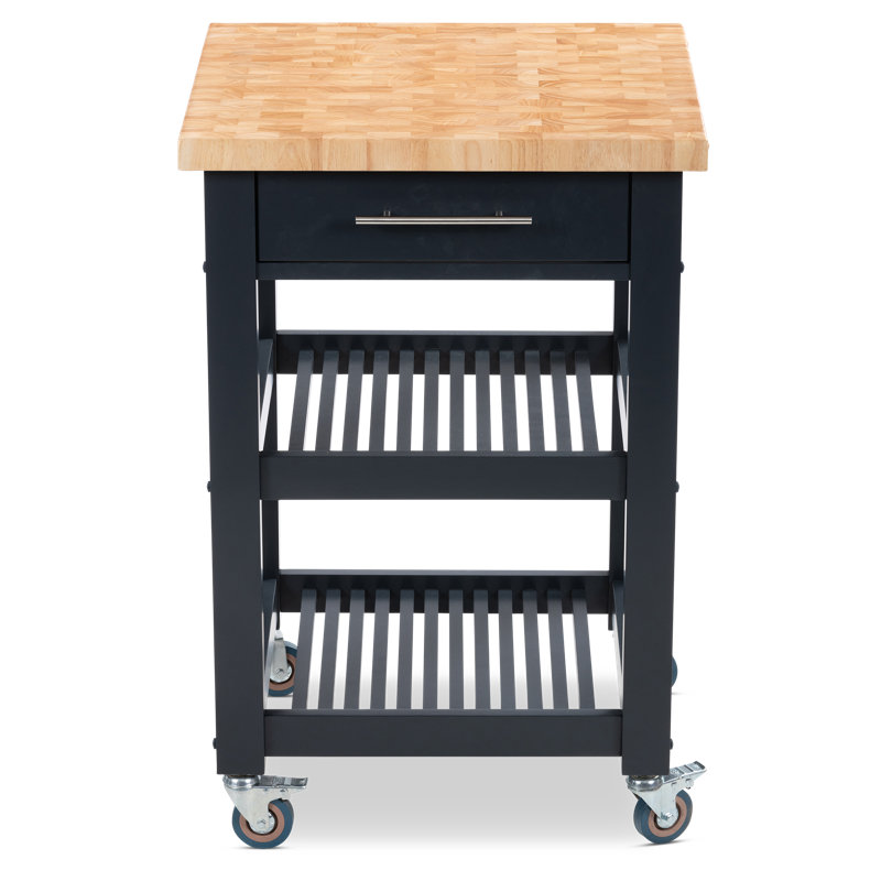 Midnight Navy Rubber Wood Butcher Block Kitchen Cart with Storage
