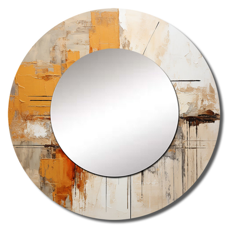 Evanuk Orange Impressions II - grand miroir mural abstrait, miroir rond moderne unique, reproduction d'art en métal