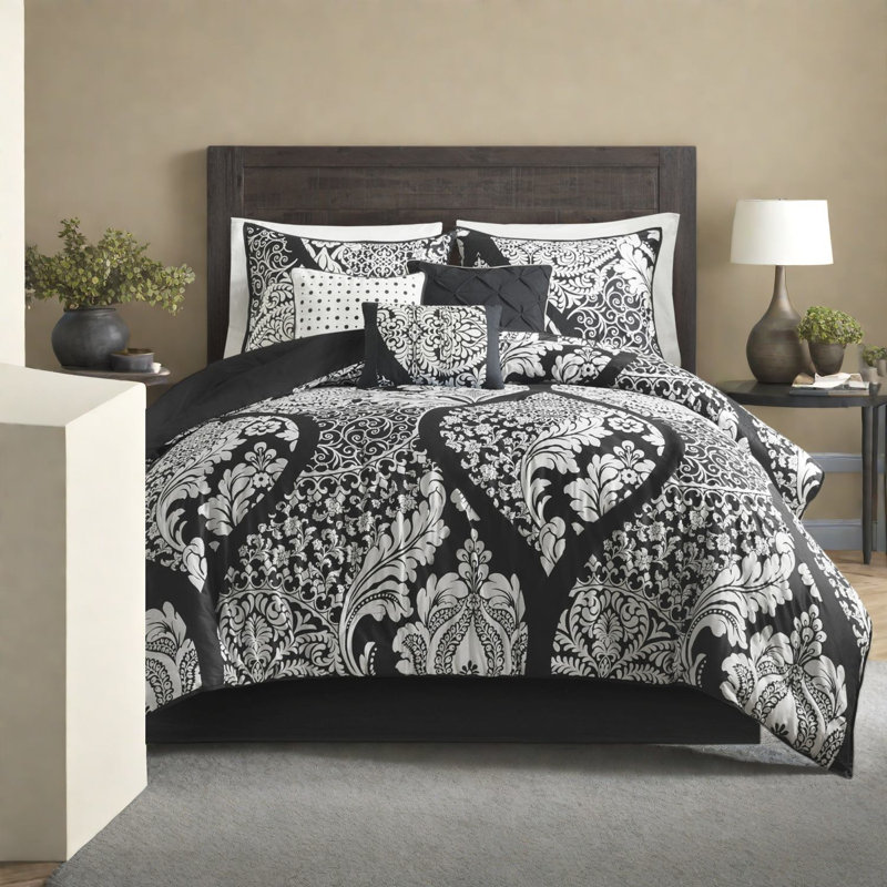 Modern Black King Bedding Sets, 7 Piece Cotton Printed Comforter Set, Oeko Tex Certified