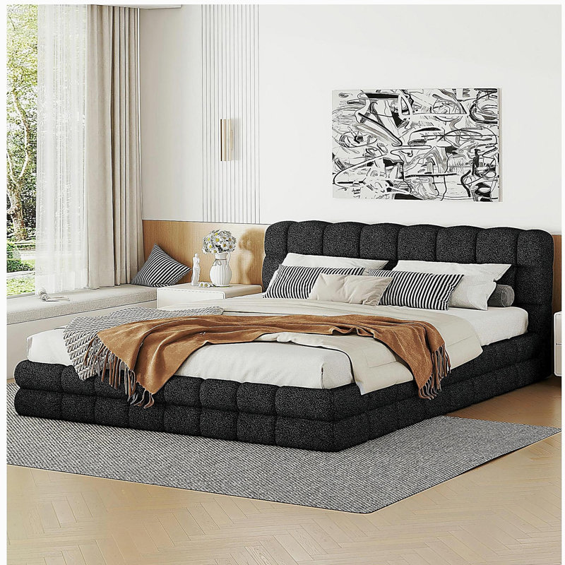 Grand lit plateforme tapissier, noir, Black