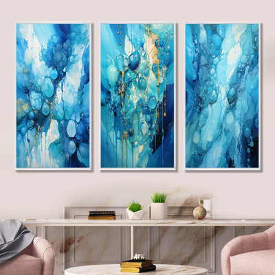 «Symphony White and Blue Drip», ensemble de 3 reproductions d'art sur toile