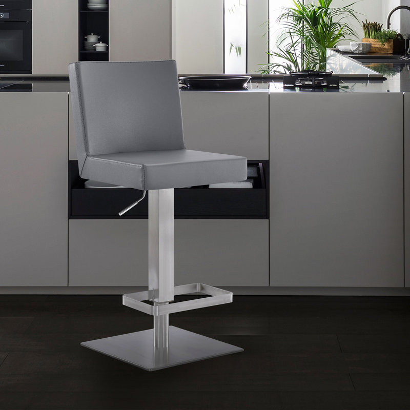 Bucoli Modern Adjustable Swivel Metal Bar Stool, Gray, Brushed Stainless Steel