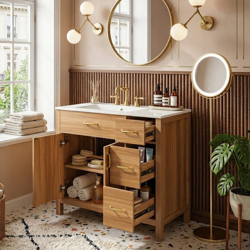 36" Freestanding Bathroom Vanity With Ceramic Sink, Solid Wood Frame Cabinet With 3 Soft-Close Drawers & 2 Doors