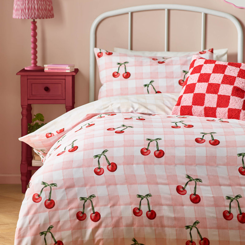 Cherry Gingham Polyester Gingham Duvet Cover Set with Pillowcases Included, Double Duvet Cover Set + 2 Pillowcases