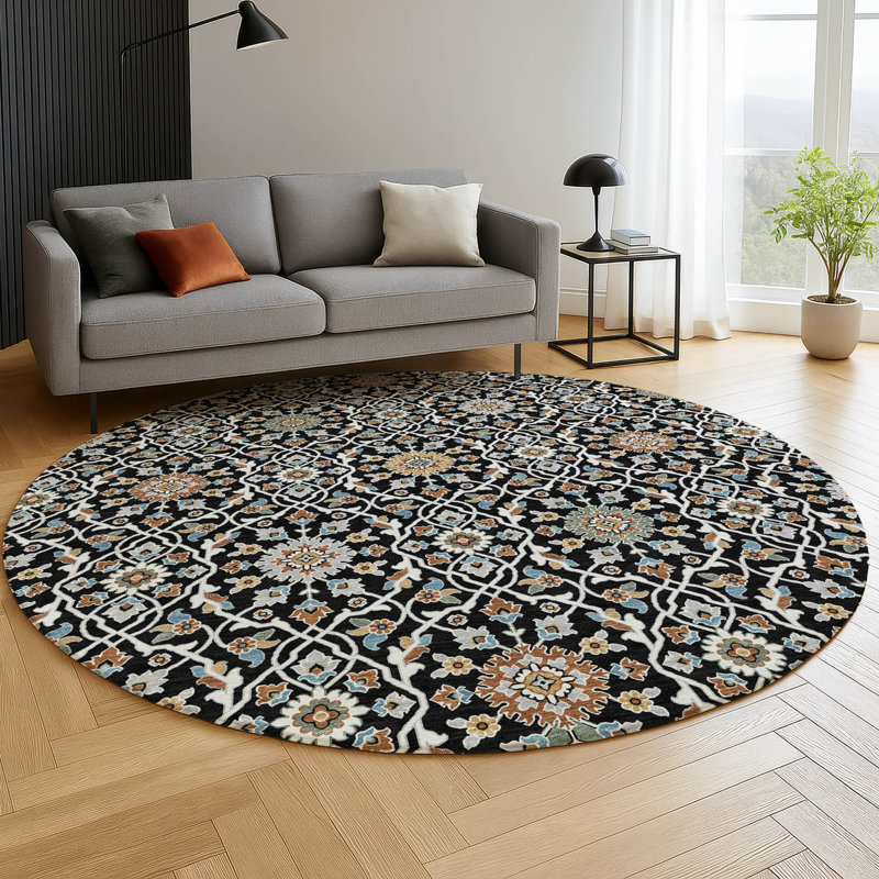 Premium Machine Washable Mayfield AMF2199 panel Rug, Black, 8' Round