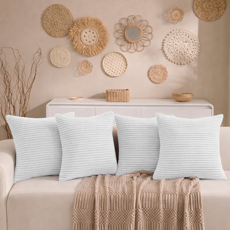 Aspire Homeware Striped Square Velvet Cushion Cover, White, Pack of 4