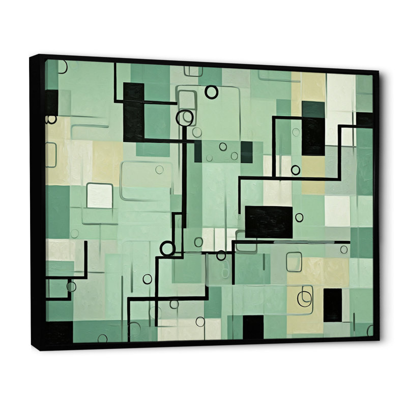 «Retro Geometrics In Faded Emerald And Blue», reproduction d'art sur toile, H 12 po x l 20 po x P 1 po, Cadre flottant noir