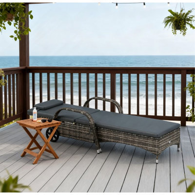 Adjustable Backrest Rattan Pool Lounge Chair,Outdoor Chaise Lounge With Wheels, Cushion & Headrest