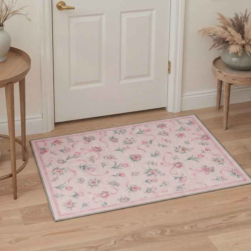 Atascadero Floral Machine Washable Pink / Green Indoor Area Rug with Non-Slip Backing, Rectangle 5' x 7'