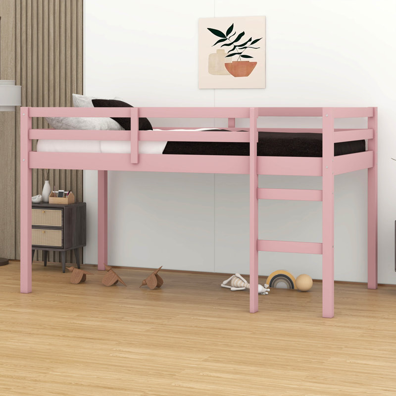 Twin Size Loft Bed – Ladder & Strengthened Slat Bed Platform, Pink