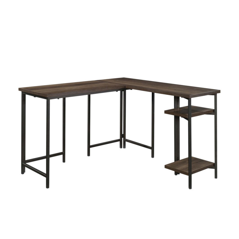 Bureau rustique en L avec tablettes réglables et compartiments cachés, parfait pour les espaces de travail polyvalents et organisés.
