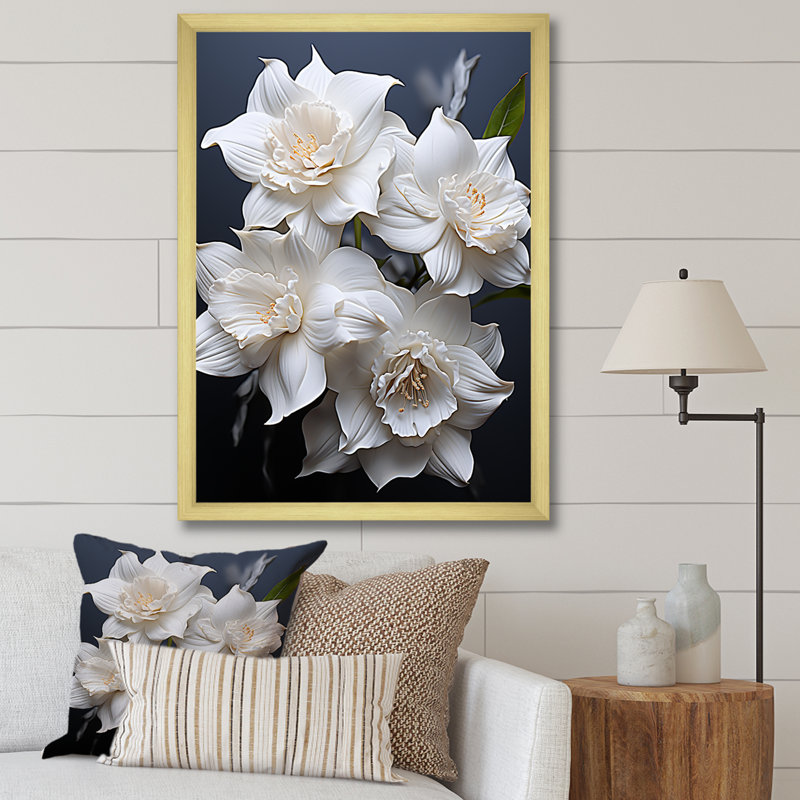 Jonquilles blanches sur toile, Cadre doré simple, H 32 po x l 24 po x P 1 po