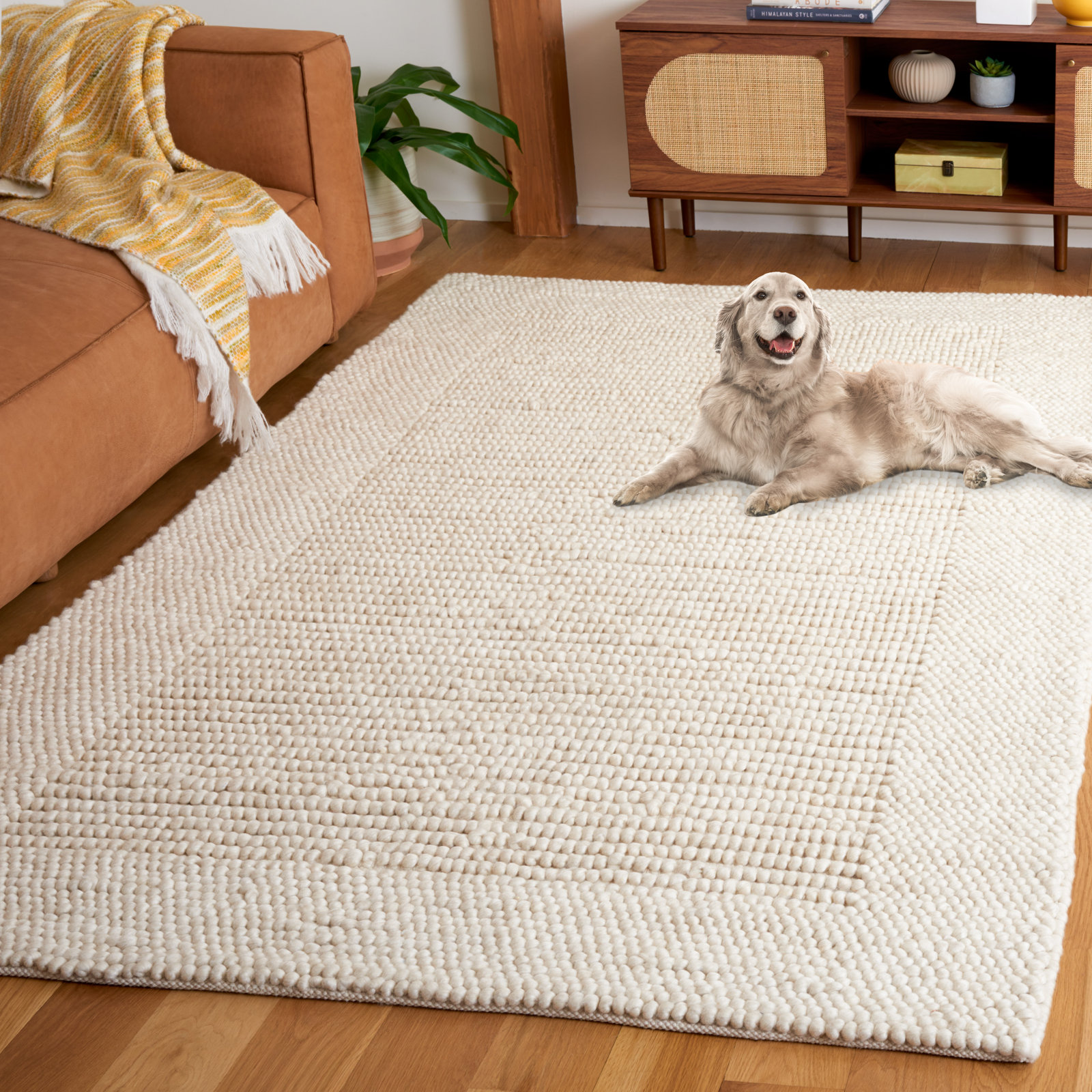 Burdick Ivory Beige Hand-Woven Wool Rug, Rectangle 10' x 14'