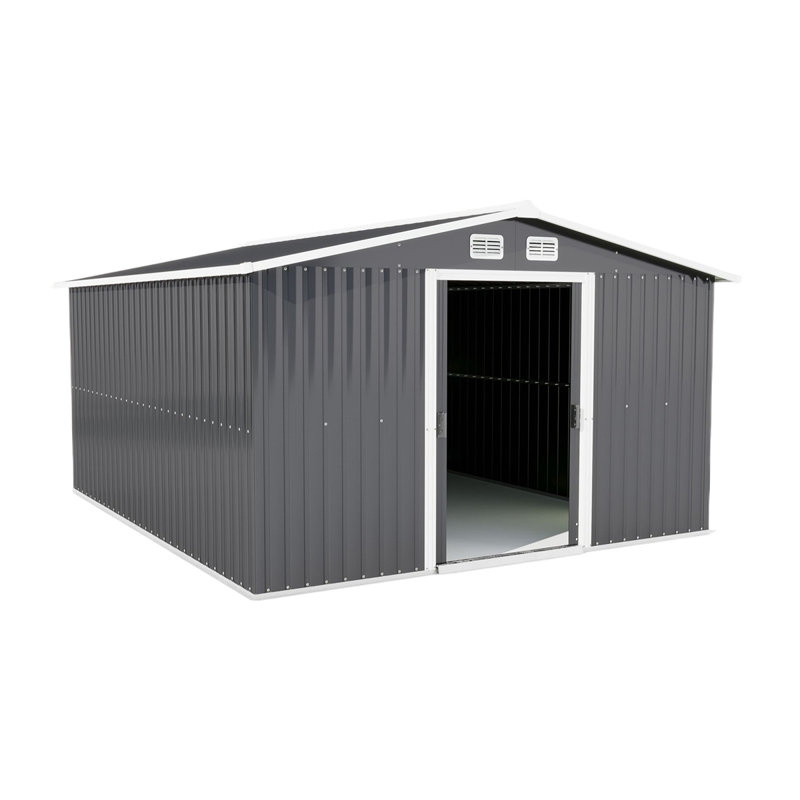 Remise de rangement extérieure en métal avec porte verrouillable et 4 évents, H 70,08 po x l 144 po x P 120 po, Brun