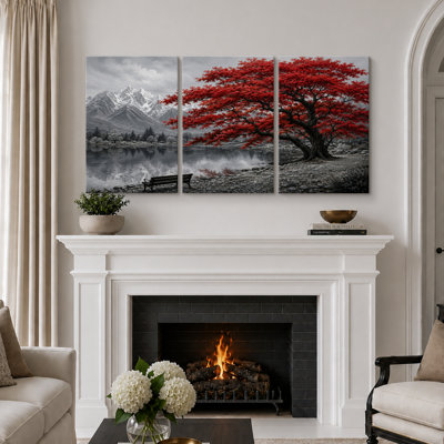 «Red Tree Mountain Lake», art du paysage, impression sur estampe numérique sur toile encadrée, 3 pièces