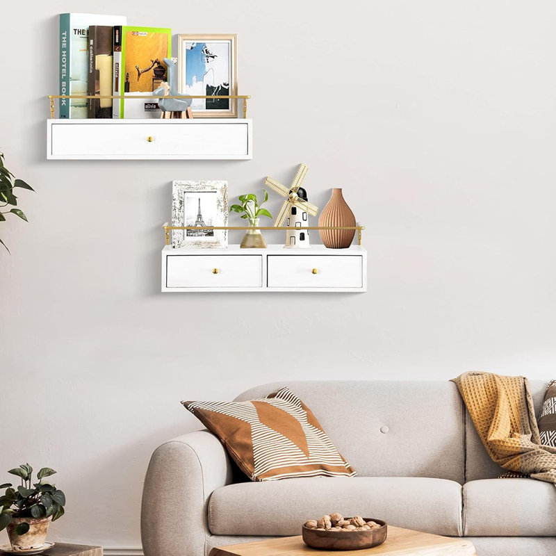 Ensemble de 2 tablettes flottantes avec tiroirs - Rangement mural pour salle de bain, salon, cuisine - Décoration murale en bois rustique pour plantes, livres