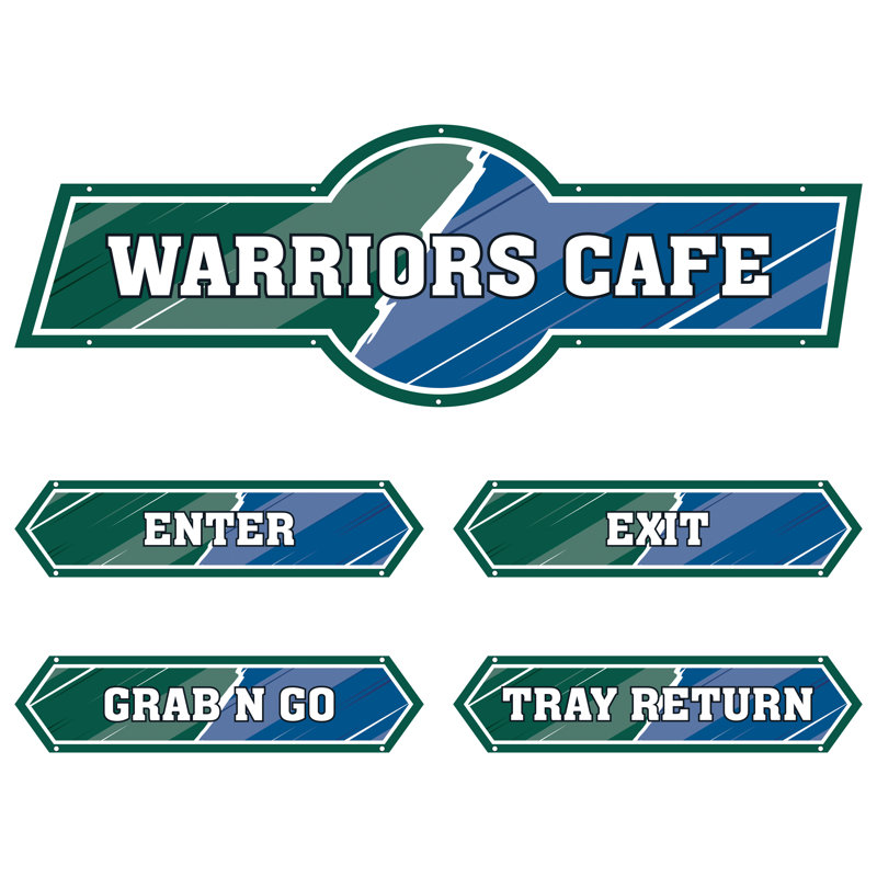 AmTab - Serving-Décor-S01-Q-EC - Serving Area Signage (5 pieces) - Style 1 - Warriors
Café Sign: 24"W x 72"L
Enter Sign:  8.5"W x 36"L
Exit Sign:  8.5"W x 36"L
Grab N Go Sign:  8.5"W x 36"L
Tray Return Sign:  8.5"W x 36"L