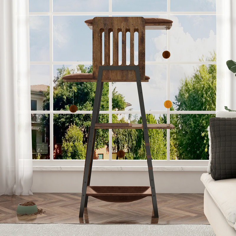 Arbre à chat de 58 po pour chats modernes, tour de chat rustique brun avec hamac et planche à gratter