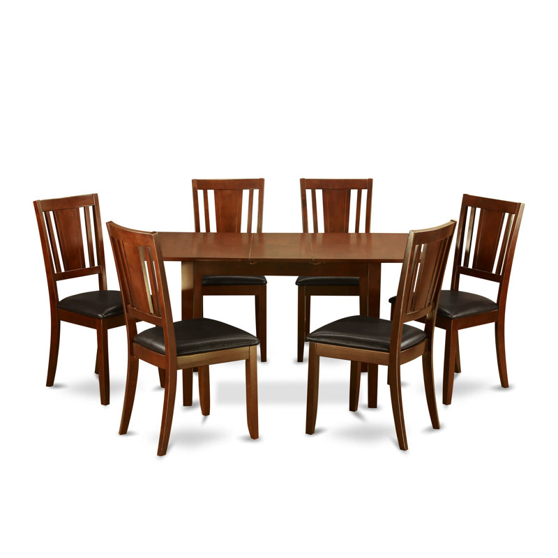 Ensemble de table de salle à manger 7 pièces composé d'une table rectangulaire en bois avec feuille papillon et 6 chaises de cuisine en similicuir, acajou